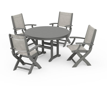 POLYWOOD® Coastal Folding Chair 5-Piece Round Dining Set in Slate Grey / Birch Sling