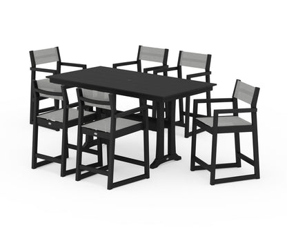 POLYWOOD® EDGE Sling Arm Chair 7-Piece Farmhouse Counter Set with Trestle Legs in Black / Metallic Sling