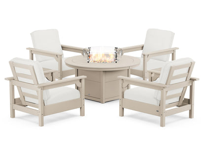 POLYWOOD® Club 5-Piece Conversation Set with Fire Pit Table in Sand / Natural Linen
