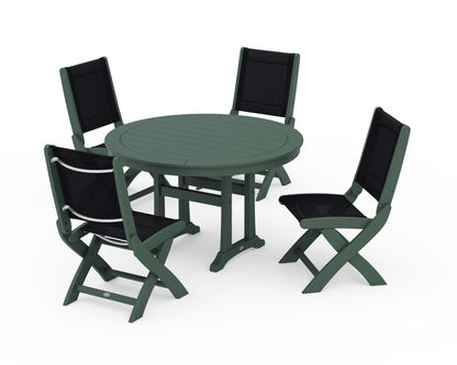 POLYWOOD® Coastal Folding Side Chair 5-Piece Round Dining Set With Trestle Legs in Green / Black Sling