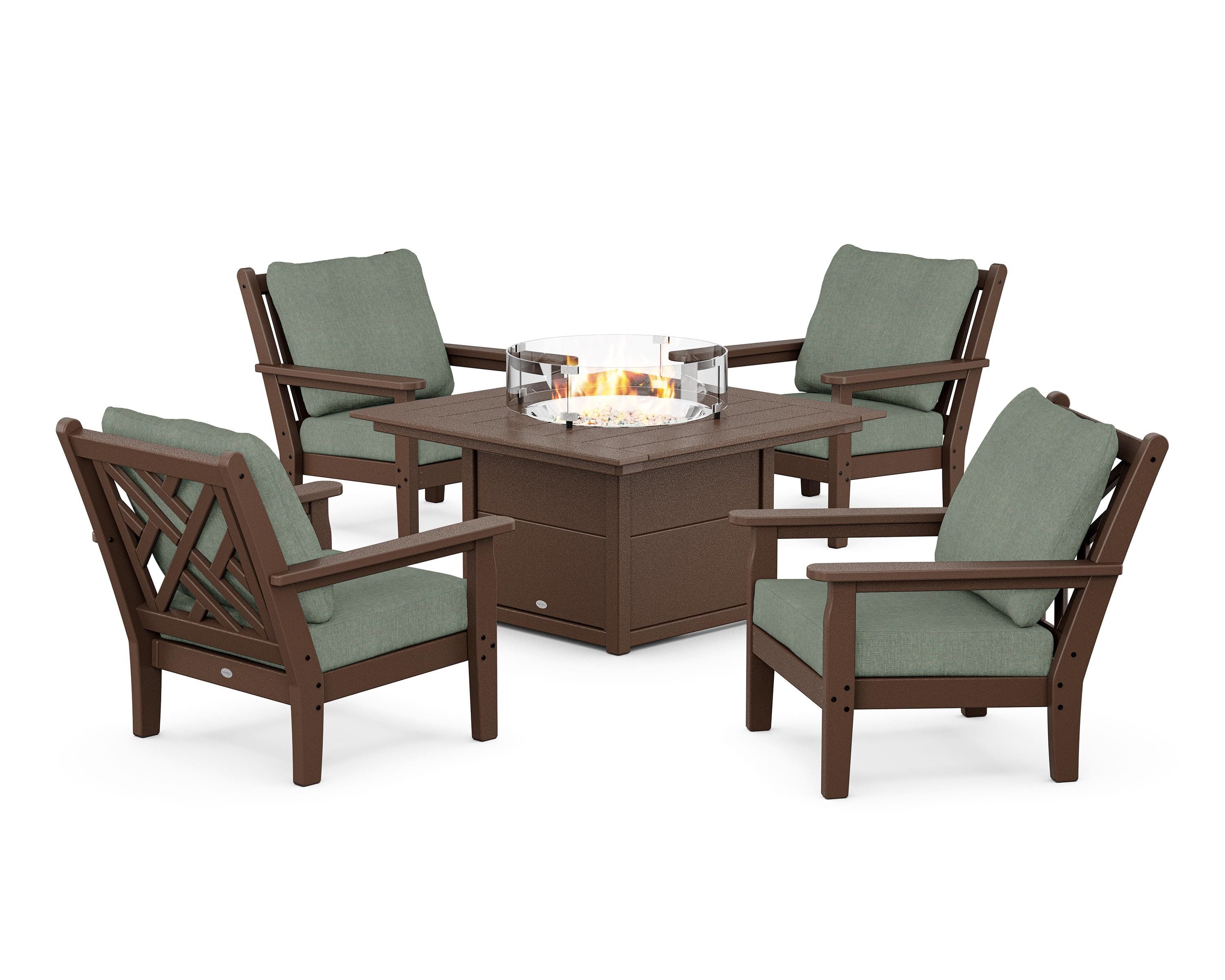 POLYWOOD® Chippendale 5-Piece Deep Seating Set with Fire Pit Table in Mahogany / Cast Sage