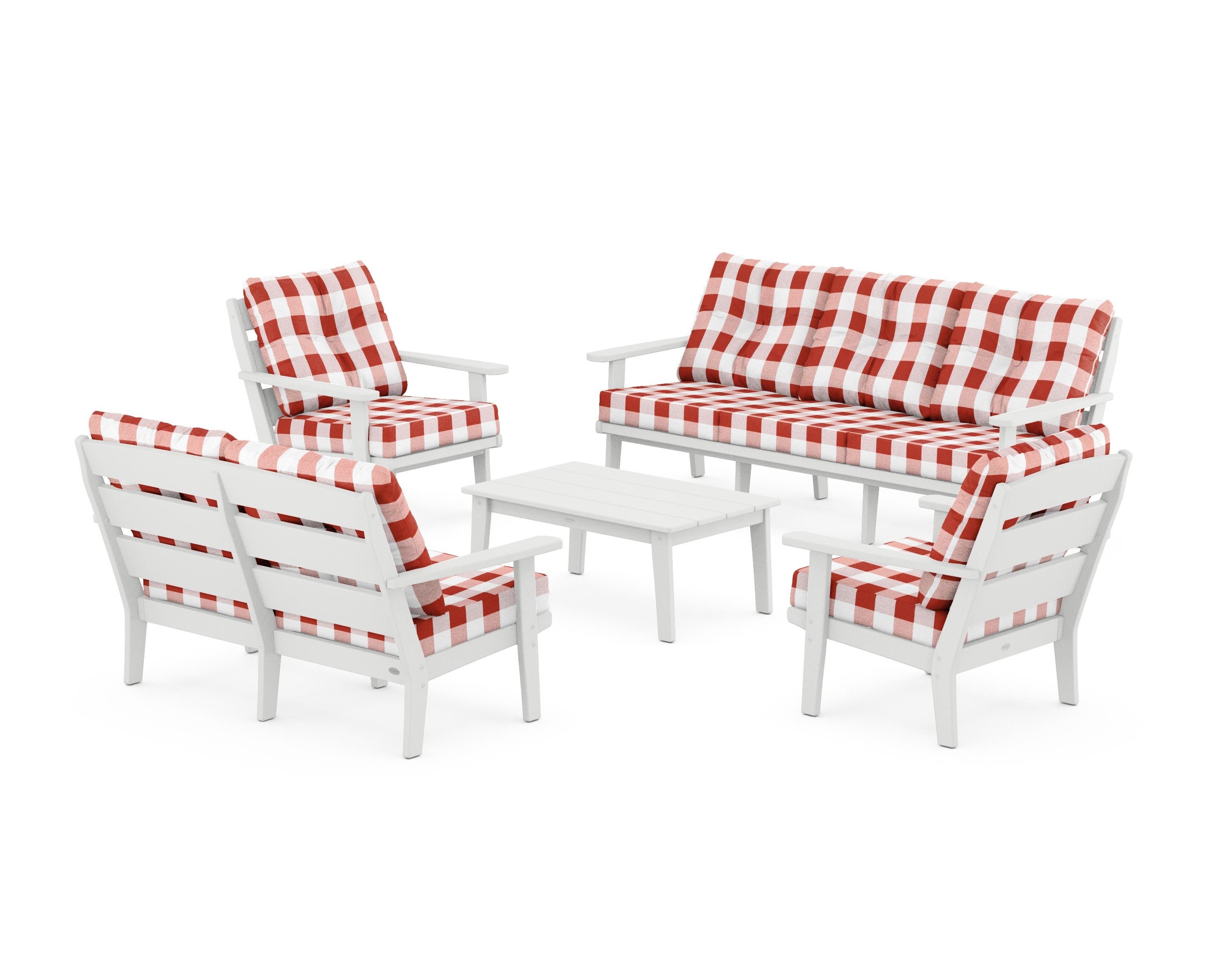 POLYWOOD® Lakeside 5-Piece Lounge Sofa Set in White / Buffalo Plaid Crimson