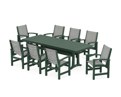 POLYWOOD® Coastal 9-Piece Farmhouse Dining Set with Trestle Legs in Green / Metallic Sling