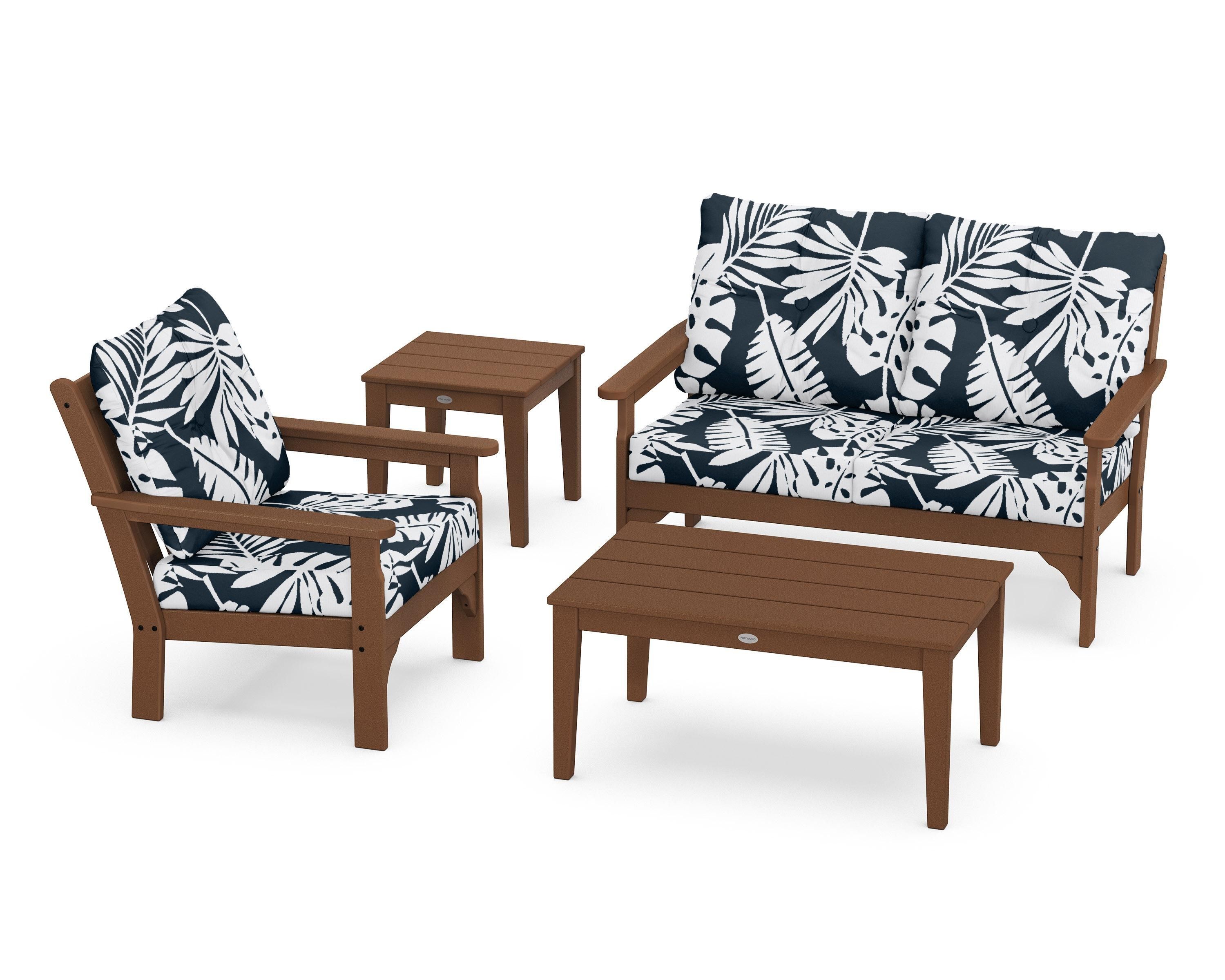 POLYWOOD® Vineyard 4-Piece Deep Seating Set in Teak / Leaf Marine Indigo