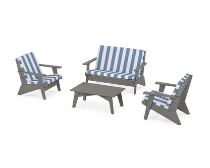 POLYWOOD® Riviera Modern Lounge 4-Piece Set in Slate Grey / Cabana Stripe Sky Blue