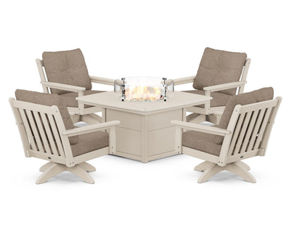 POLYWOOD® Vineyard 5-Piece Deep Seating Swivel Conversation Set with Fire Pit Table in Sand / Spiced Burlap