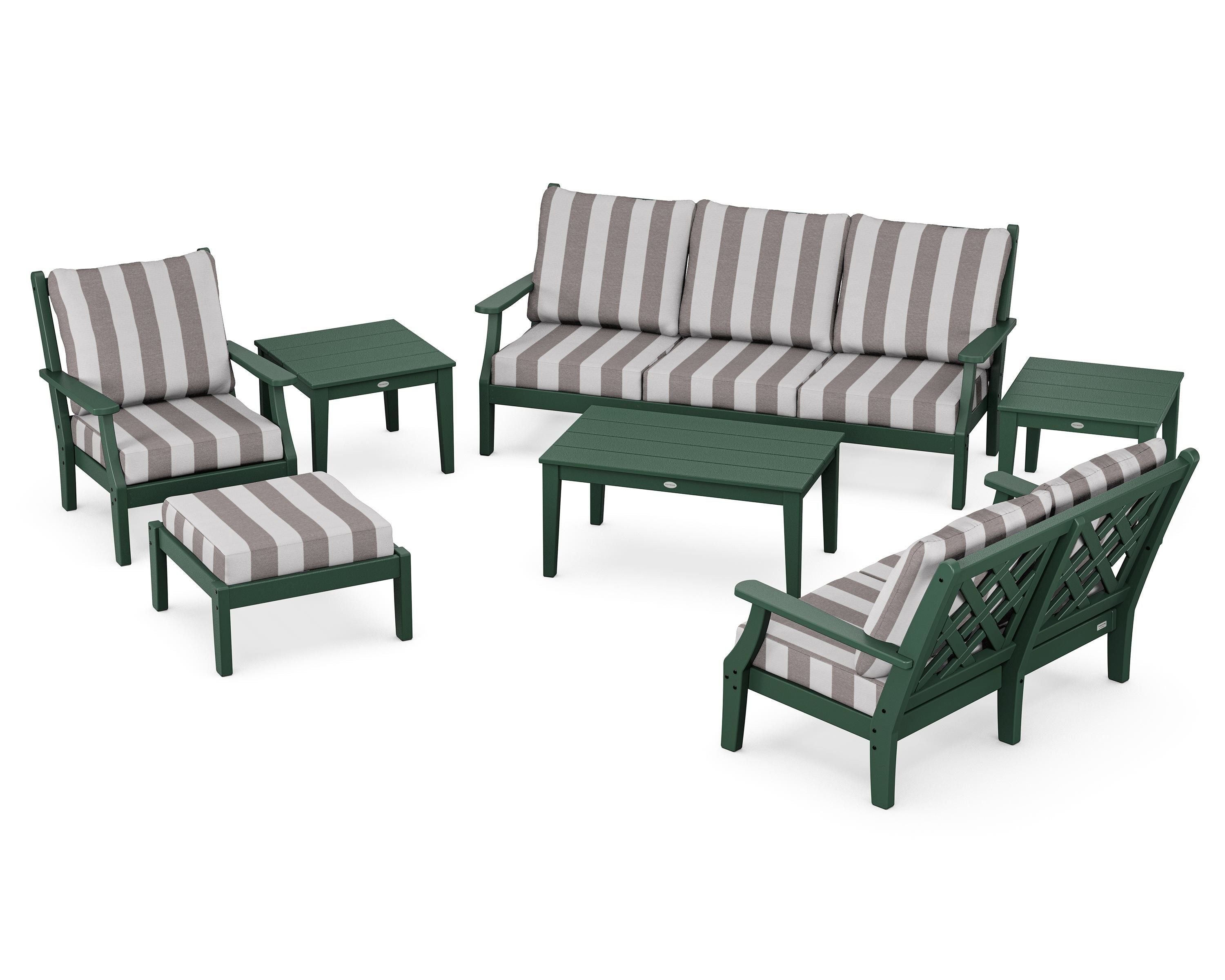 Country Living Wovendale 7-Piece Deep Seating Set in Green / Cabana Stripe Grey Mist