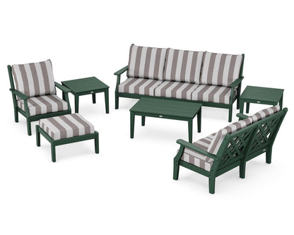 Country Living Wovendale 7-Piece Deep Seating Set in Green / Cabana Stripe Grey Mist