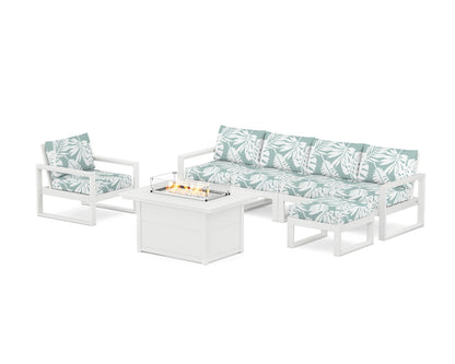 POLYWOOD® EDGE Sectional Lounge and Fire Pit Set in White / Leaf Glacier Spa
