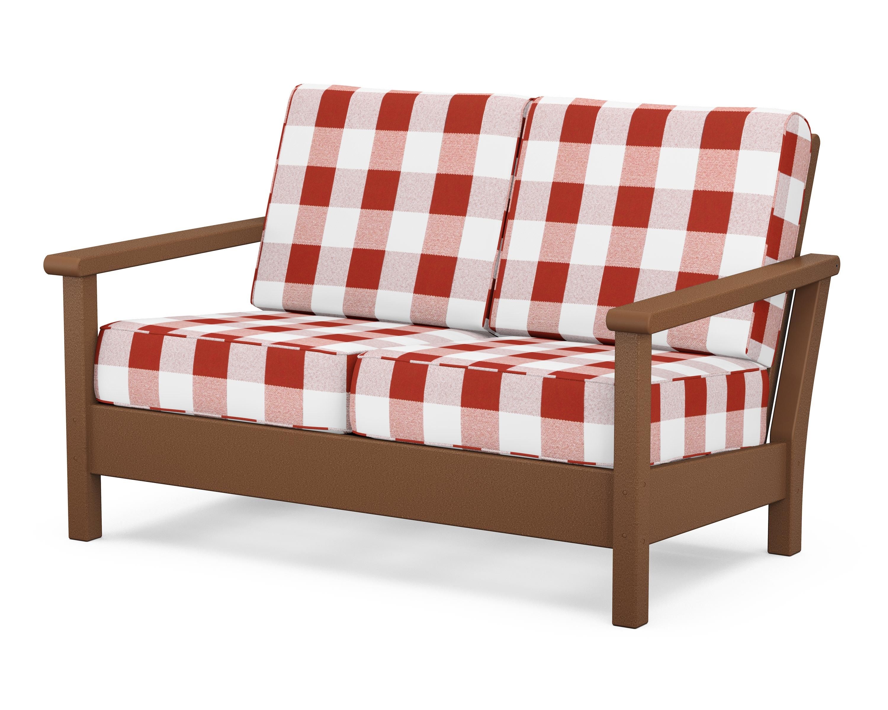 POLYWOOD® Harbour Deep Seating Loveseat in Teak / Buffalo Plaid Crimson