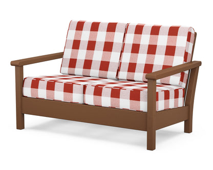 POLYWOOD® Harbour Deep Seating Loveseat in Teak / Buffalo Plaid Crimson