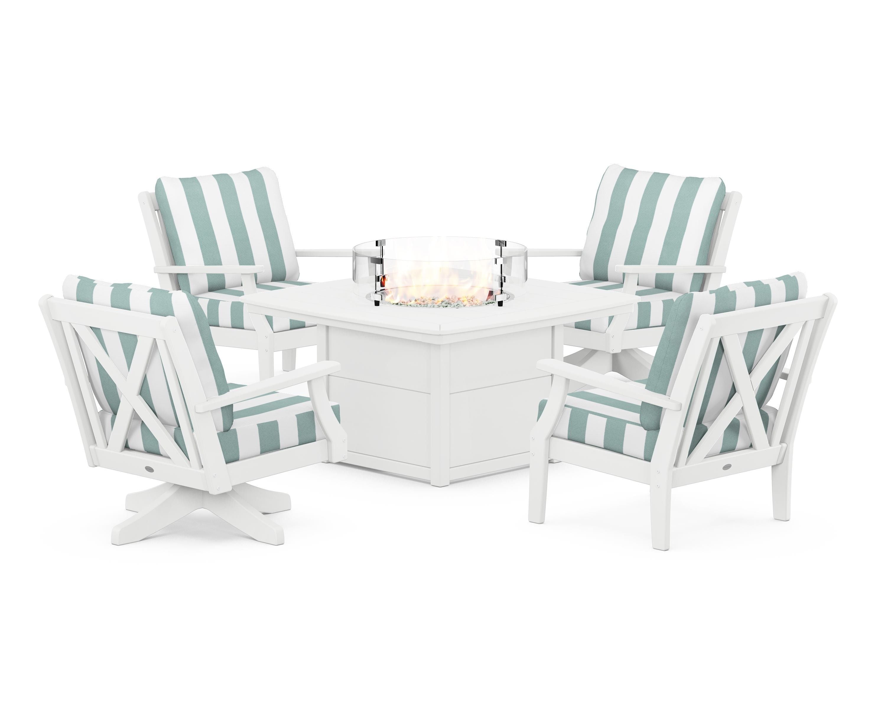 POLYWOOD® Braxton 5-Piece Deep Seating Set with Fire Table in White / Cabana Stripe Glacier Spa