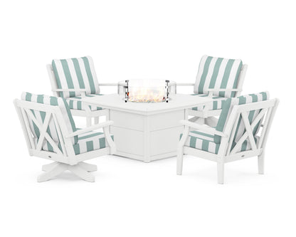POLYWOOD® Braxton 5-Piece Deep Seating Set with Fire Table in White / Cabana Stripe Glacier Spa