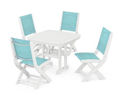 POLYWOOD® Coastal Folding Side Chair 5-Piece Dining Set in White / Dupioni Aquamarine Sling