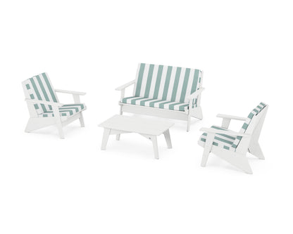POLYWOOD® Riviera Modern Lounge 4-Piece Set in White / Cabana Stripe Glacier Spa