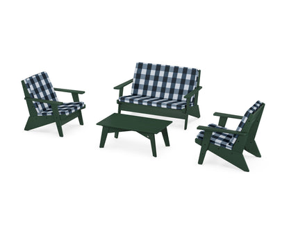 POLYWOOD® Riviera Modern Lounge 4-Piece Set in Green / Buffalo Plaid Marine Indigo