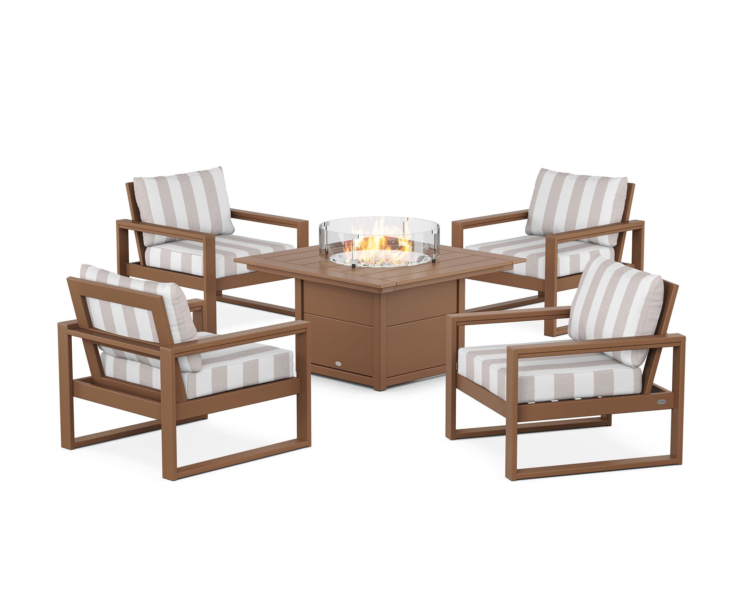 POLYWOOD® EDGE Sectional 5-Piece Deep Seating Set with Fire Pit Table in Teak / Cabana Stripe Dune Burlap