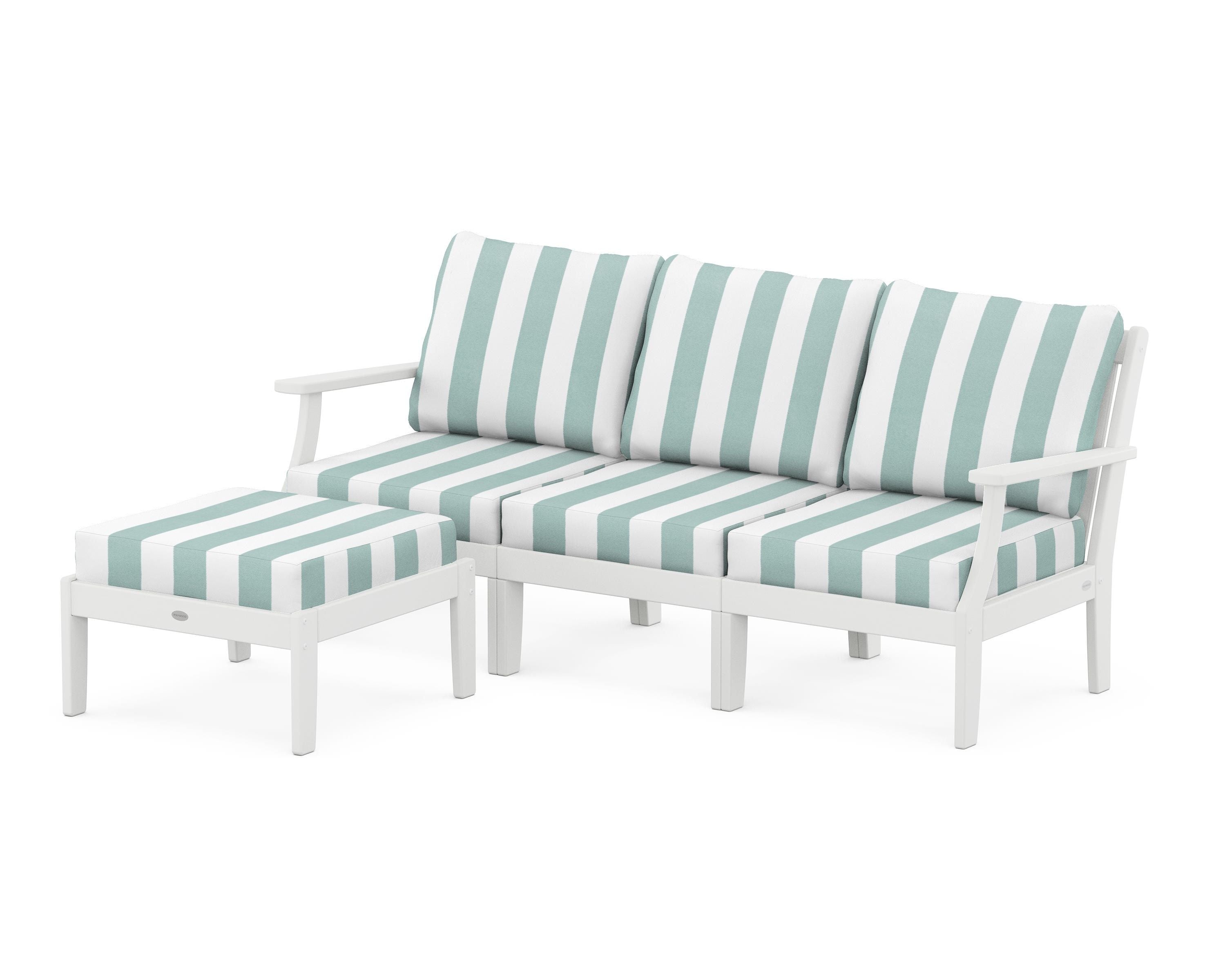 POLYWOOD® Braxton Modular 4-Piece Deep Seating Set with Ottoman in White / Cabana Stripe Glacier Spa