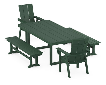 POLYWOOD® Modern Curveback Adirondack 5-Piece Dining Set with Benches in Green