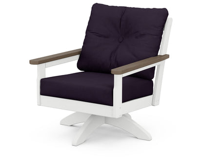 POLYWOOD® Vineyard Deep Seating Swivel Chair in White / Kona / Navy Linen