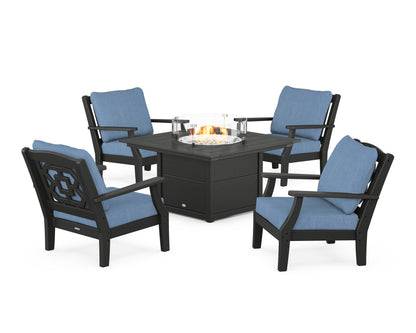 Martha Stewart by POLYWOOD® Chinoiserie 5-Piece Deep Seating Set with Fire Pit Table in Black / Sky Blue