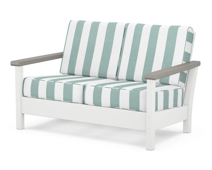 POLYWOOD® Harbour Deep Seating Loveseat in White / Driftwood / Cabana Stripe Glacier Spa