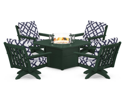POLYWOOD® Vineyard 5-Piece Deep Seating Swivel Conversation Set with Fire Pit Table in Green / Trellis Navy