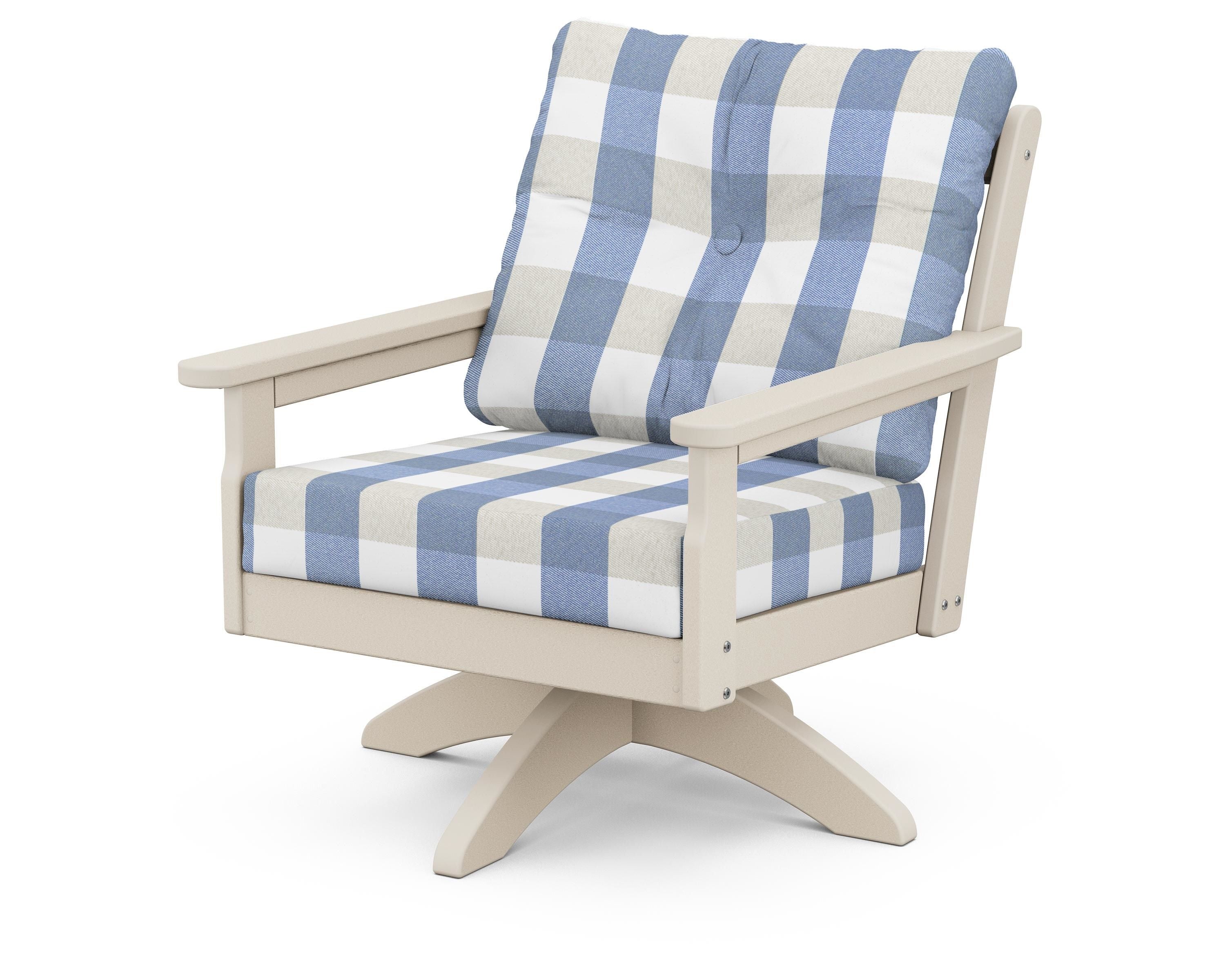 POLYWOOD® Vineyard Deep Seating Swivel Chair in Sand / Buffalo Plaid Sky Blue