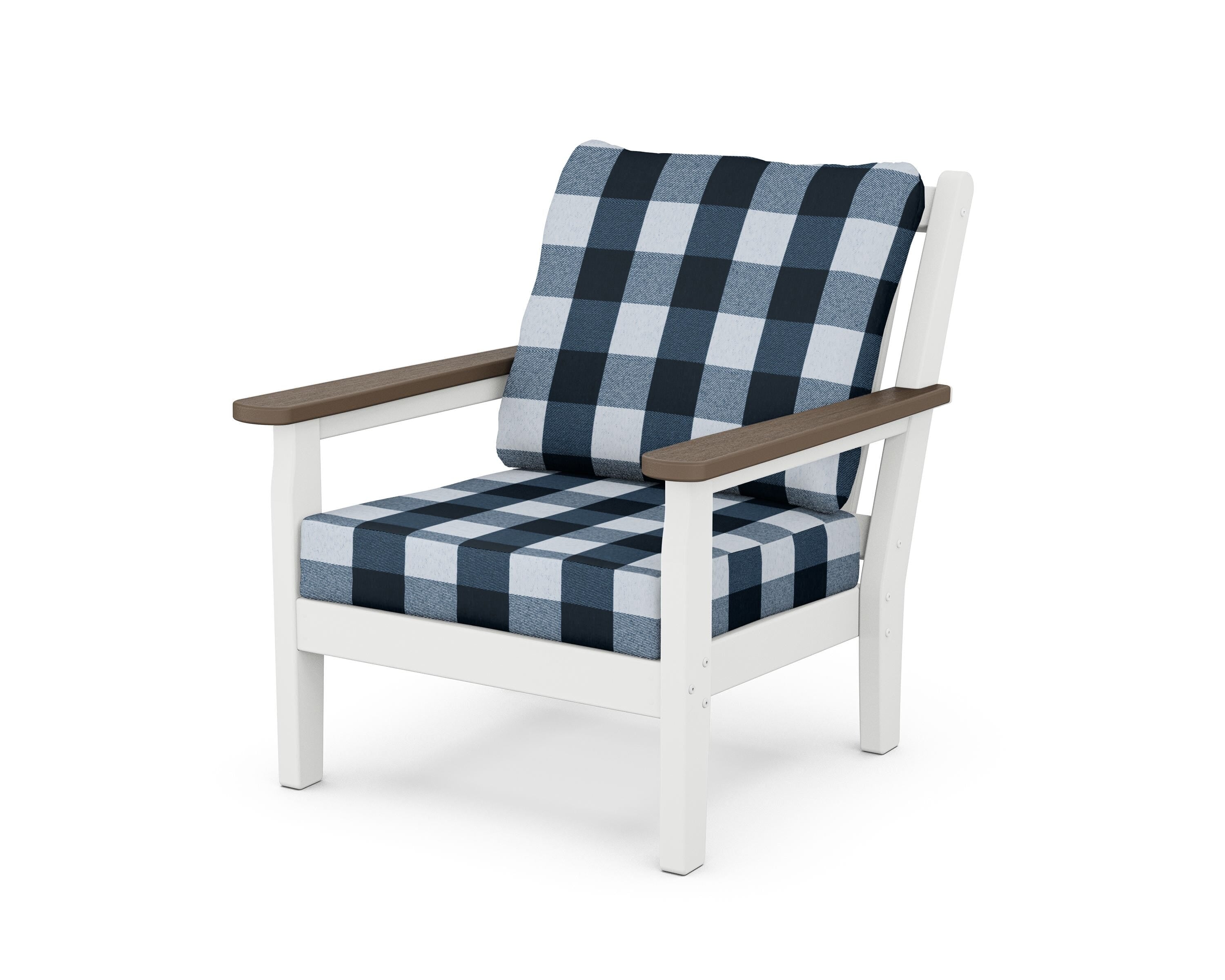 POLYWOOD® Chippendale Deep Seating Chair in White / Kona / Buffalo Plaid Marine Indigo