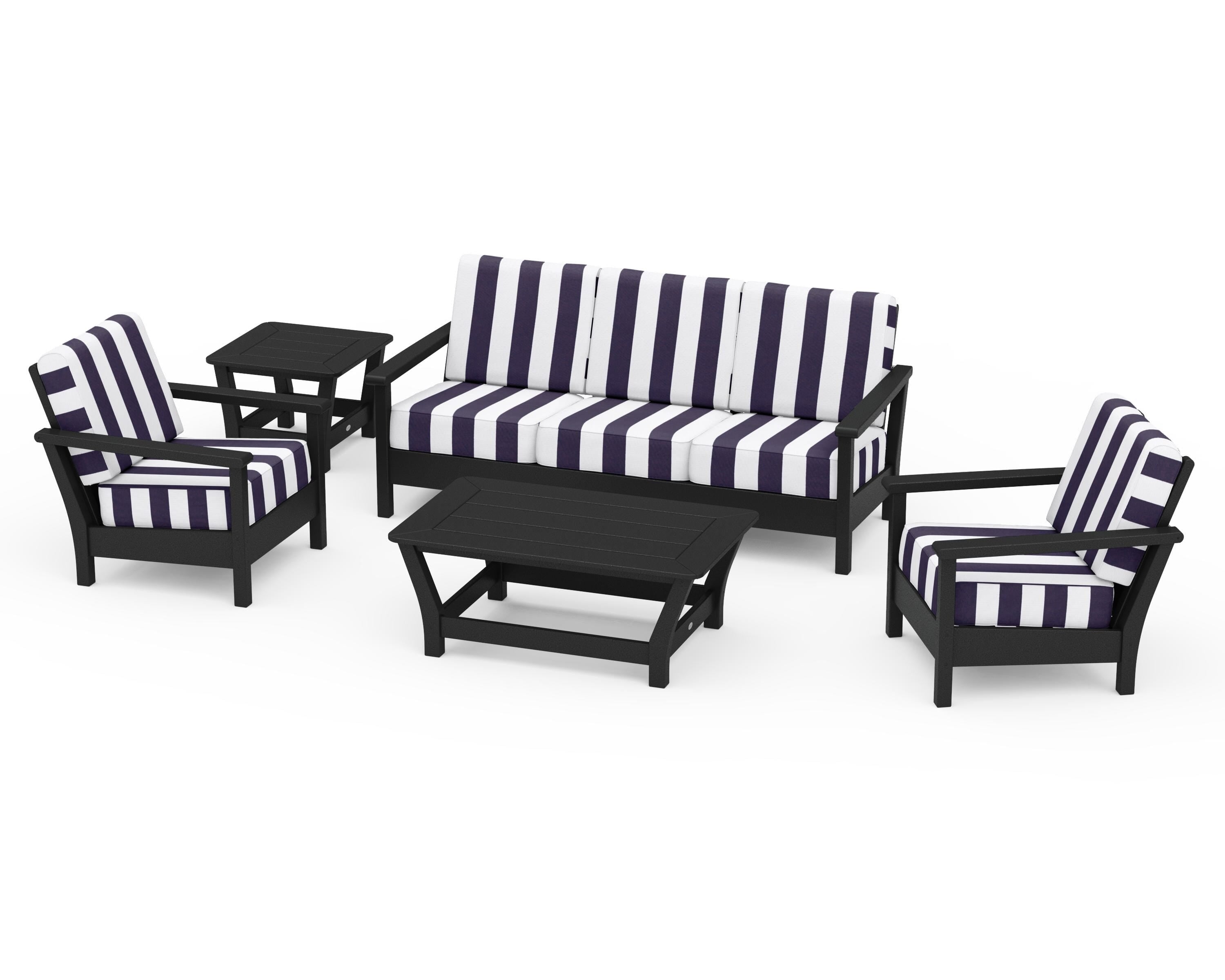POLYWOOD® Harbour 5-Piece Deep Seating Set in Black / Cabana Stripe Navy