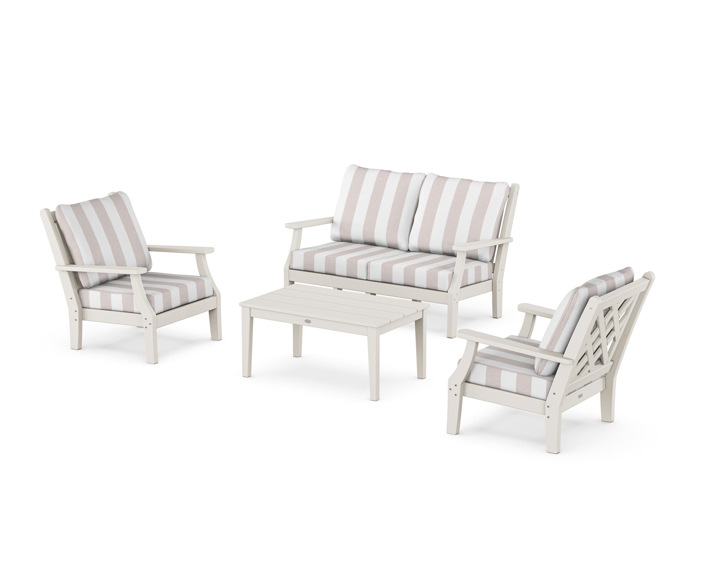 Country Living Wovendale 4-Piece Deep Seating Set with Loveseat in Sand / Cabana Stripe Dune Burlap