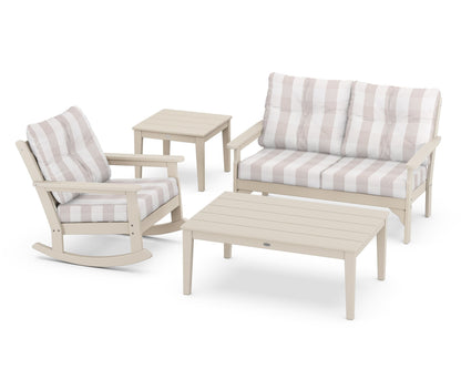 POLYWOOD® Vineyard 4-Piece Deep Seating Rocker Set in Sand / Buffalo Plaid Dune Burlap