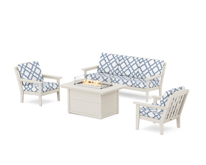 Country Living Cottage Deep Seating Fire Pit Table Set in Sand / Trellis Sky Blue