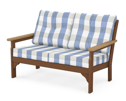 POLYWOOD® Vineyard Deep Seating Loveseat in Teak / Natural / Buffalo Plaid Sky Blue