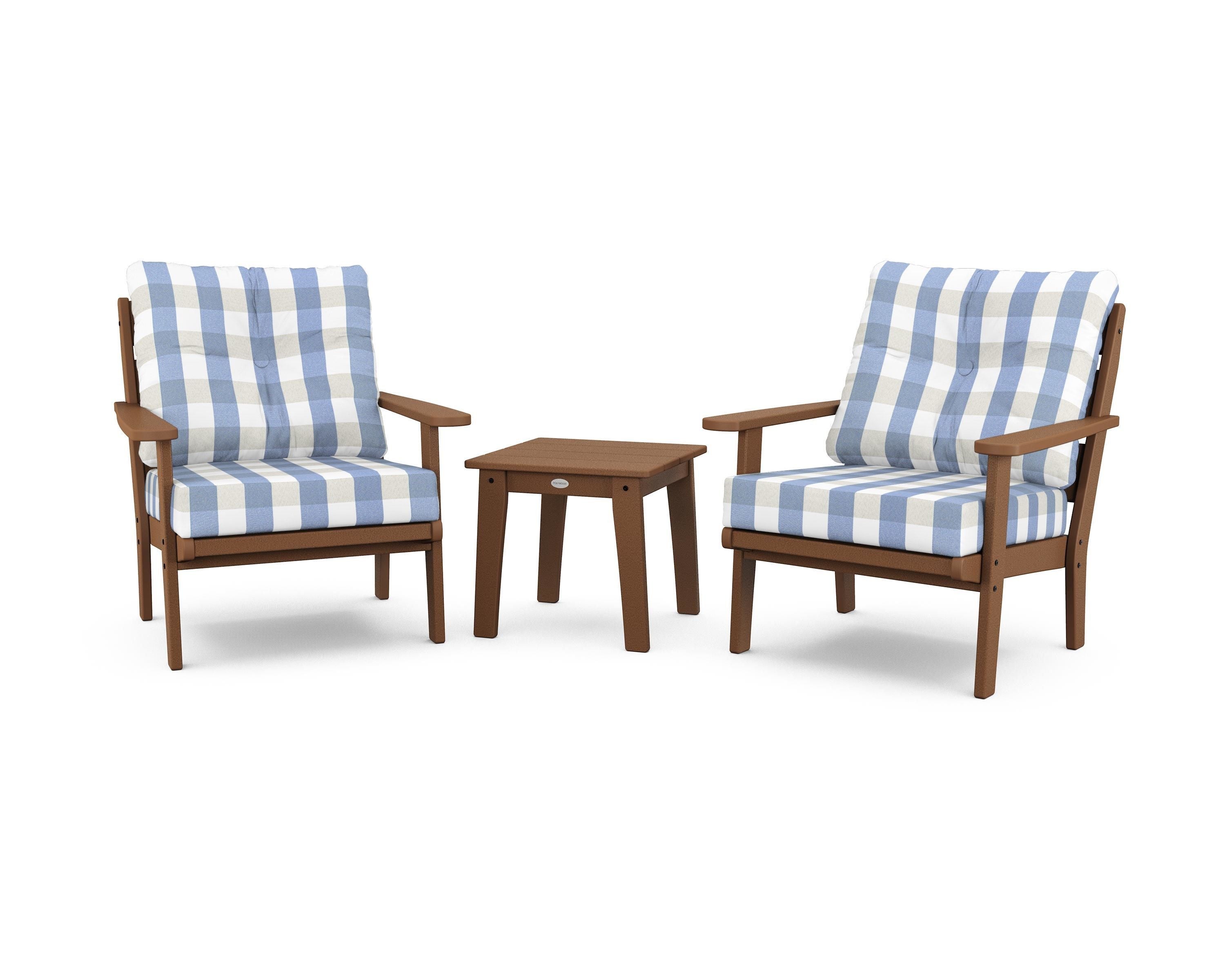 POLYWOOD® Lakeside 3-Piece Deep Seating Chair Set in Teak / Buffalo Plaid Sky Blue
