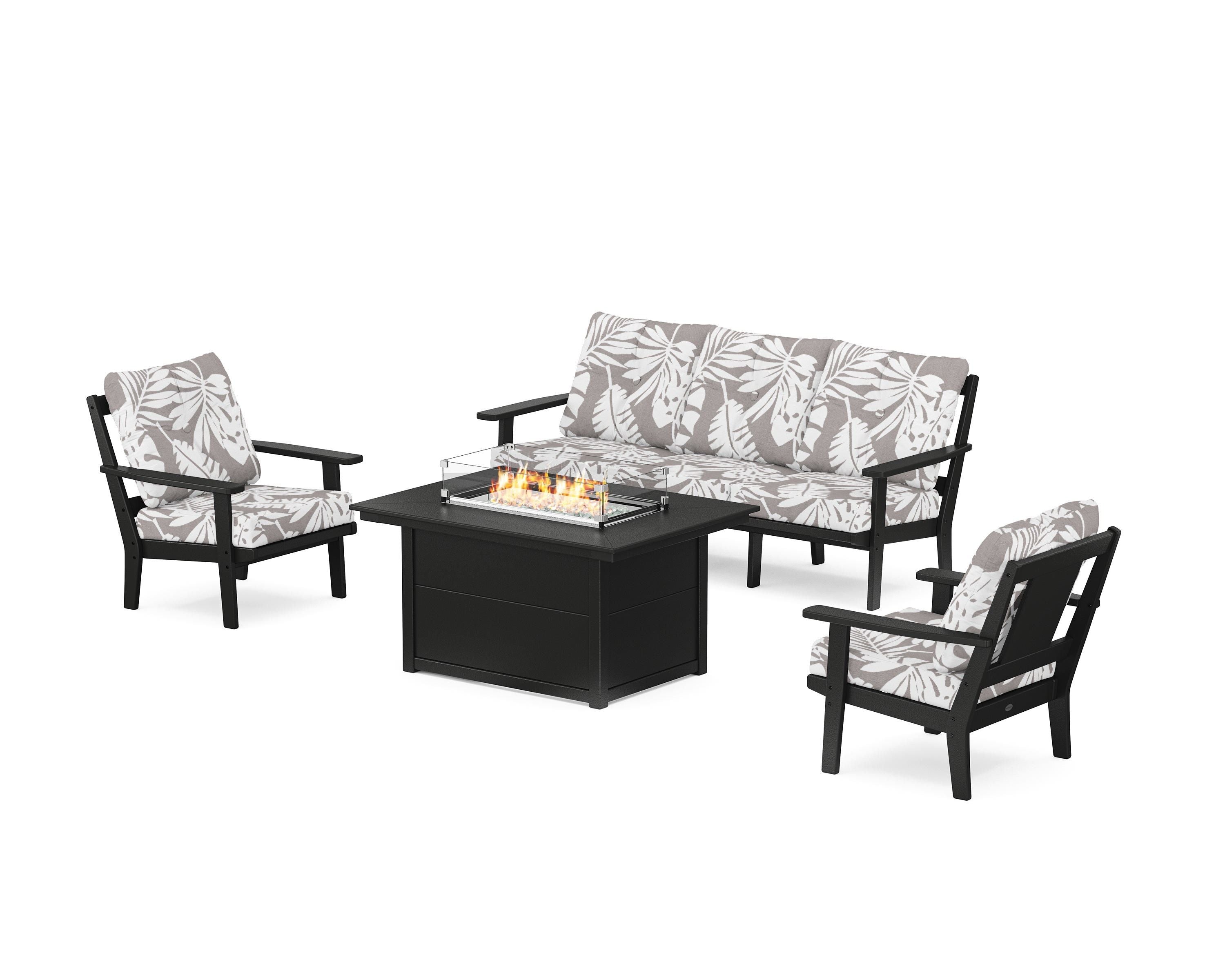 POLYWOOD® Prairie Deep Seating Fire Pit Table Set in Black / Leaf Grey Mist