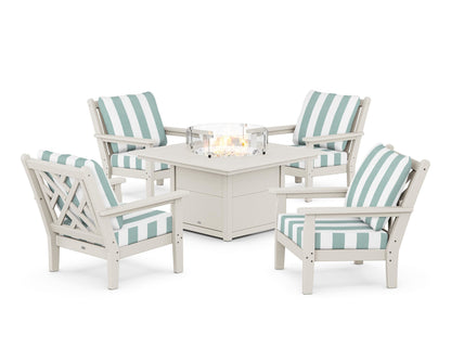 POLYWOOD® Chippendale 5-Piece Deep Seating Set with Fire Pit Table in Sand / Cabana Stripe Glacier Spa