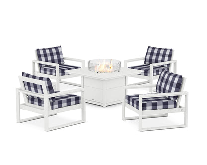 POLYWOOD® EDGE Sectional 5-Piece Deep Seating Set with Fire Pit Table in White / Buffalo Plaid Navy