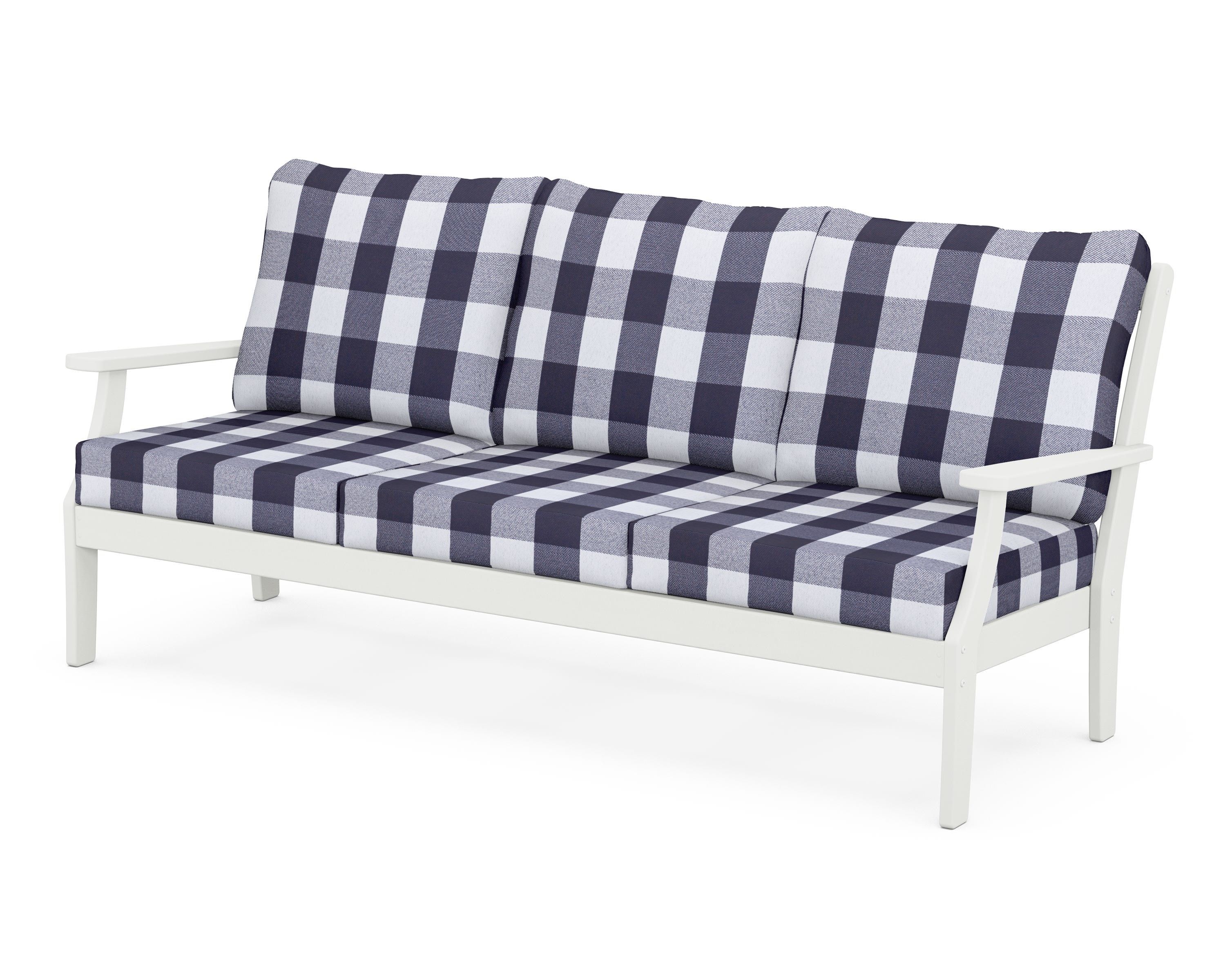 POLYWOOD® Braxton Deep Seating Sofa in Vintage White / Buffalo Plaid Navy
