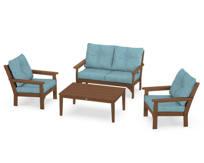 POLYWOOD® Vineyard 4-Piece Deep Seating Set in Teak / Lattice Sky Blue