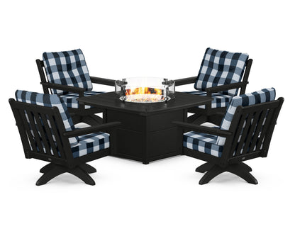 POLYWOOD® Vineyard 5-Piece Deep Seating Swivel Conversation Set with Fire Pit Table in Black / Buffalo Plaid Marine Indigo