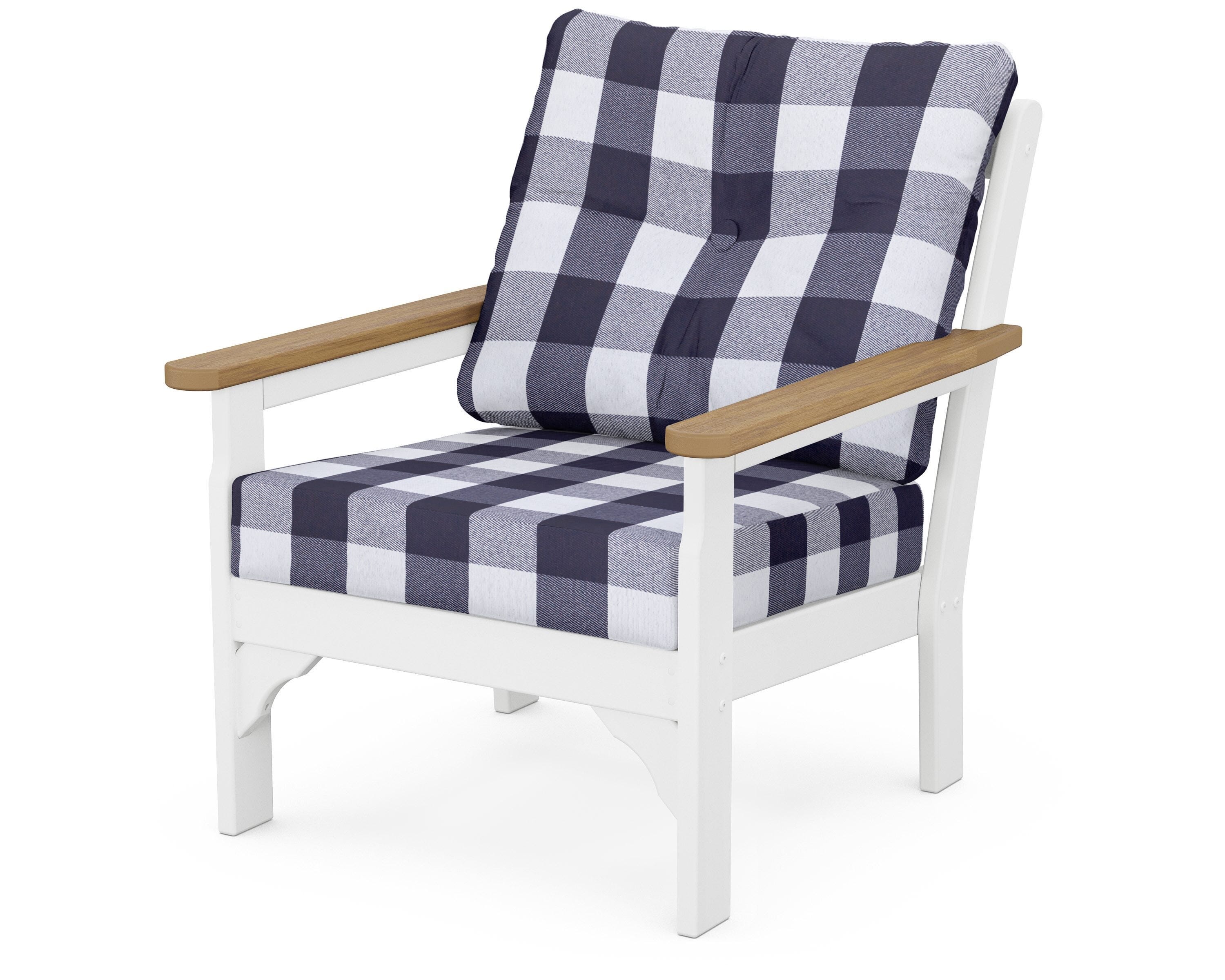 POLYWOOD® Vineyard Deep Seating Chair in White / Natural / Buffalo Plaid Navy
