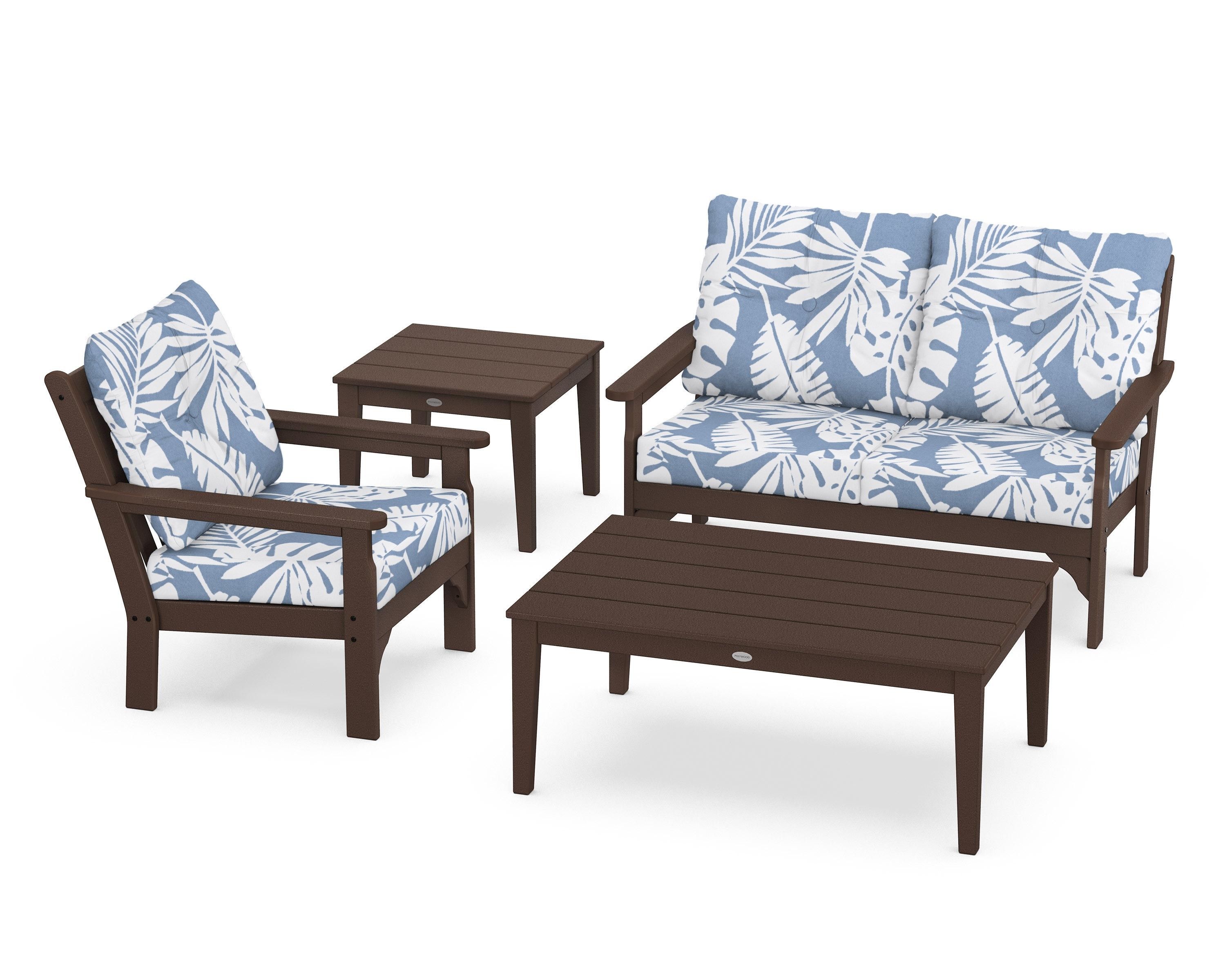 POLYWOOD® Vineyard 4-Piece Deep Seating Set in Mahogany / Leaf Sky Blue
