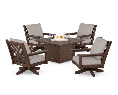 POLYWOOD® Chippendale 5-Piece Deep Seating Swivel Conversation Set with Fire Pit Table in Mahogany / Weathered Tweed