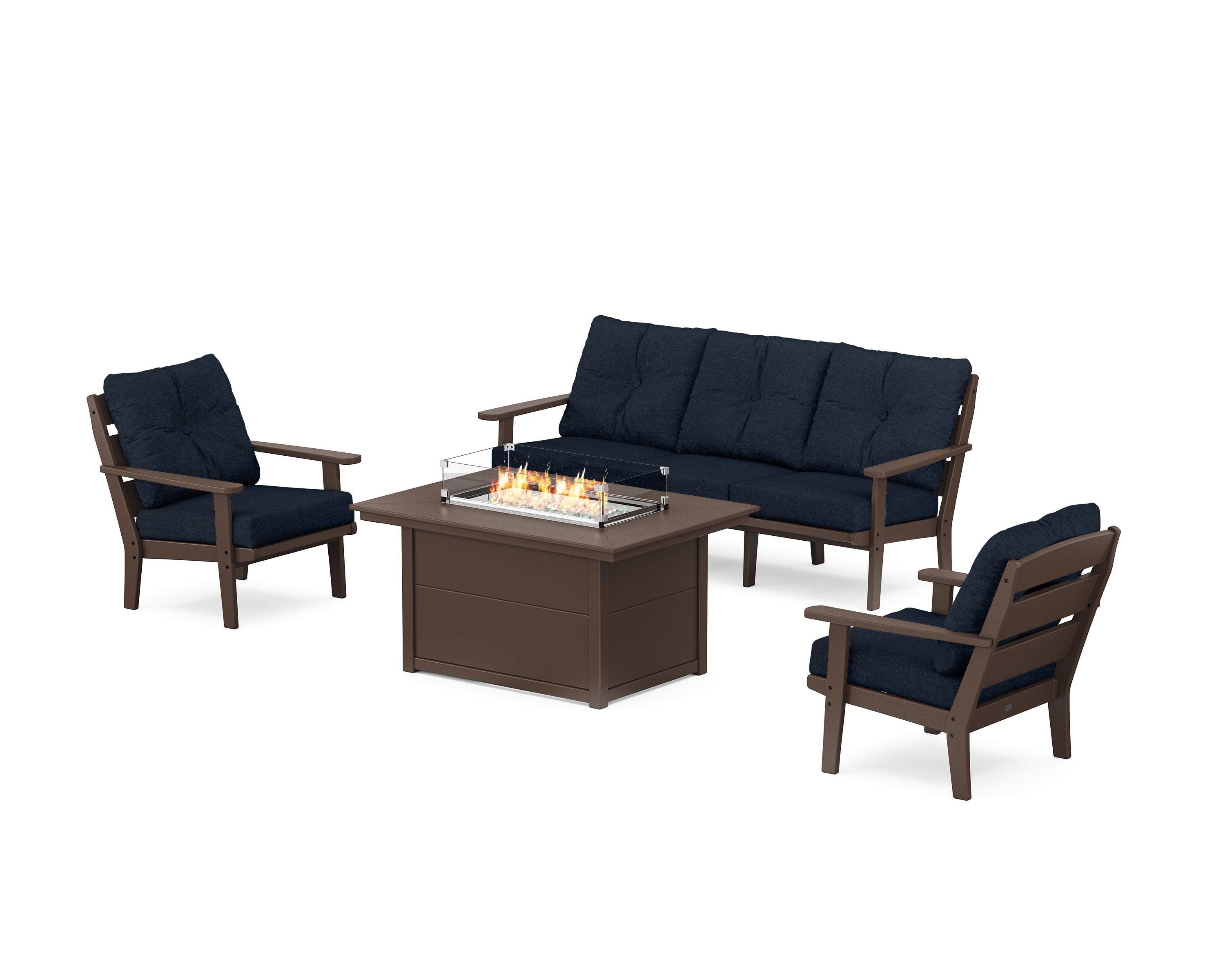 POLYWOOD® Lakeside Deep Seating Fire Pit Table Set in Mahogany / Marine Indigo