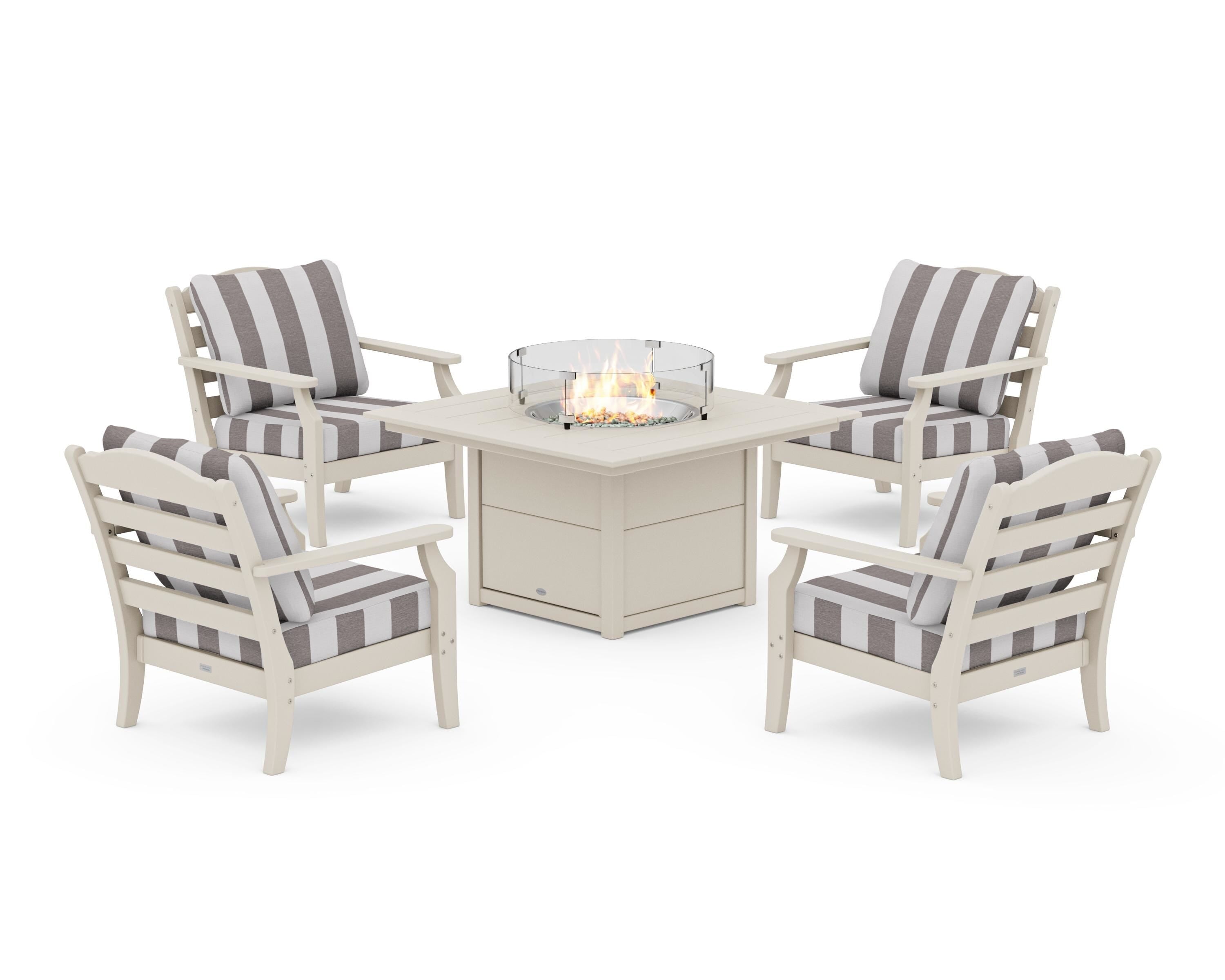 Draper James™ by  POLYWOOD® Savannah 5-Piece Deep Seating Set with Fire Pit Table in Sand / Cabana Stripe Grey Mist