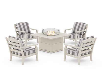 Draper James™ by  POLYWOOD® Savannah 5-Piece Deep Seating Set with Fire Pit Table in Sand / Cabana Stripe Grey Mist