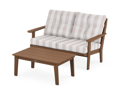 POLYWOOD® Lakeside 2-Piece Lounge Loveseat Set in Teak / Buffalo Plaid Dune Burlap