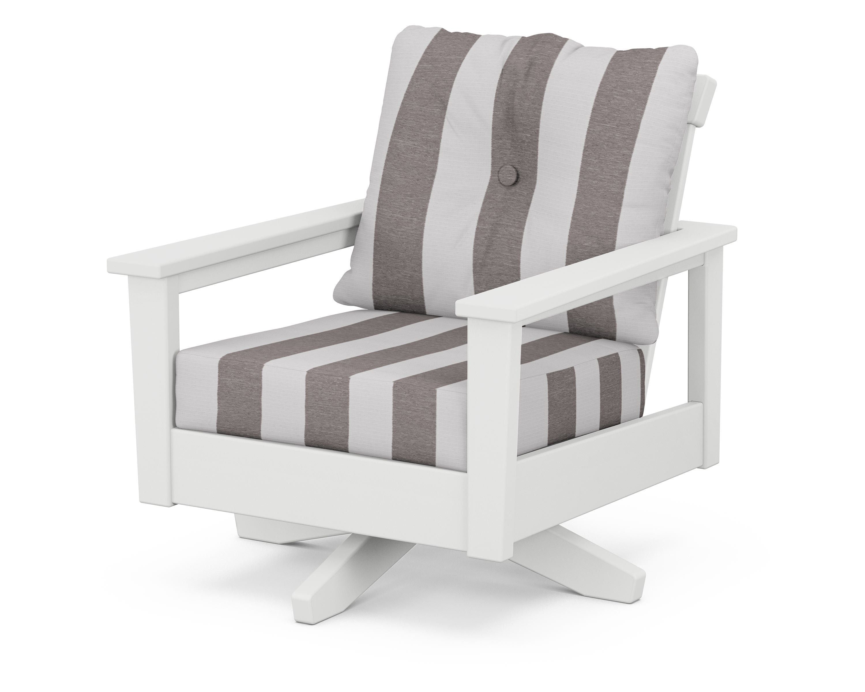 POLYWOOD® Prescott Deep Seating Swivel Chair in White / Cabana Stripe Grey Mist