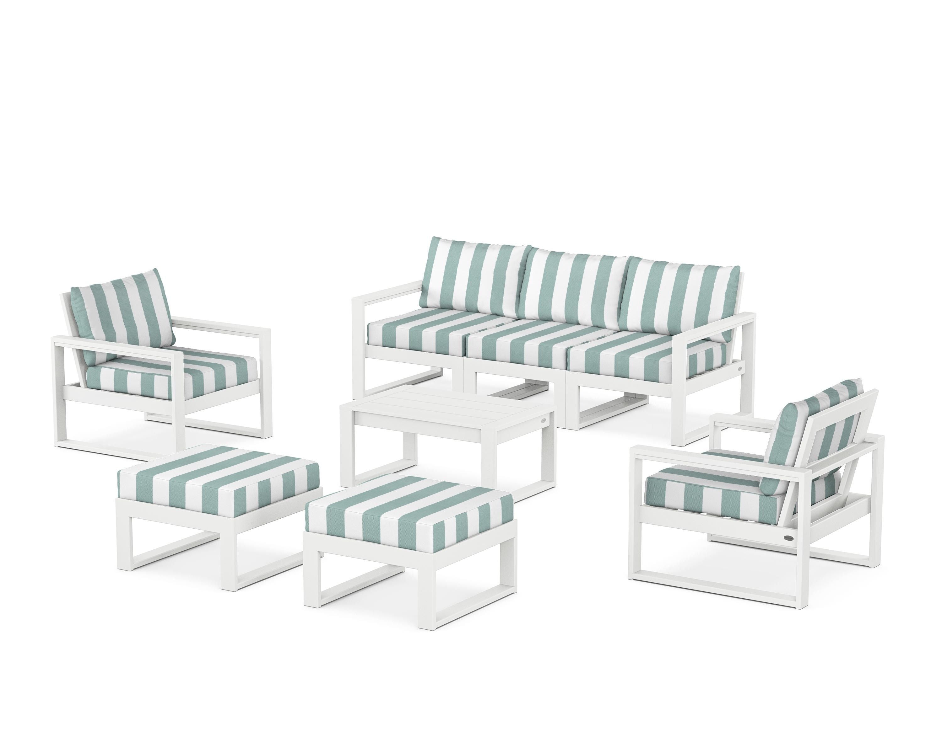 POLYWOOD® EDGE Sectional 8-Piece Lounge Sofa Set in White / Cabana Stripe Glacier Spa